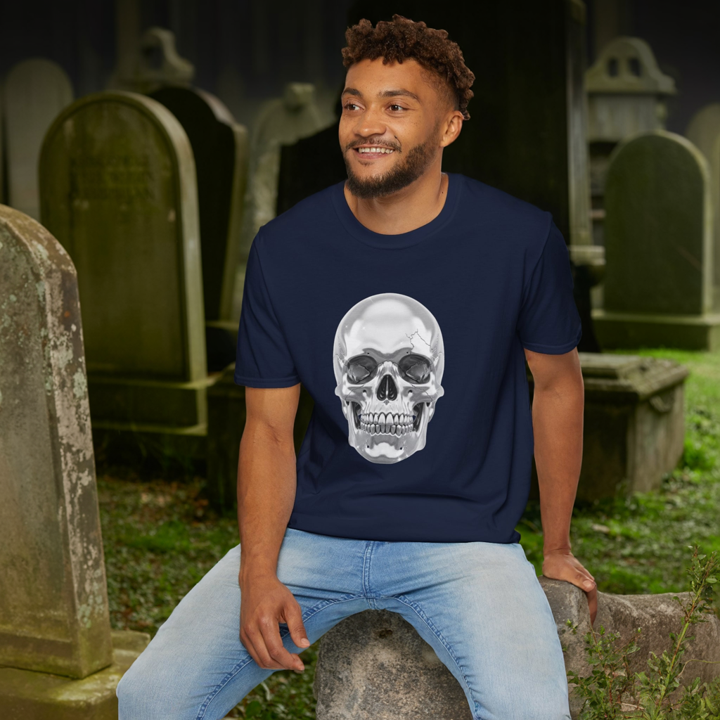 Chrome Skull Graphic Tee - Edgy Metallic Skull Shirt - Retro Rock Vibe, Dark Aesthetic, Unisex Cool Gift - Trendy Fashion Statement Top
