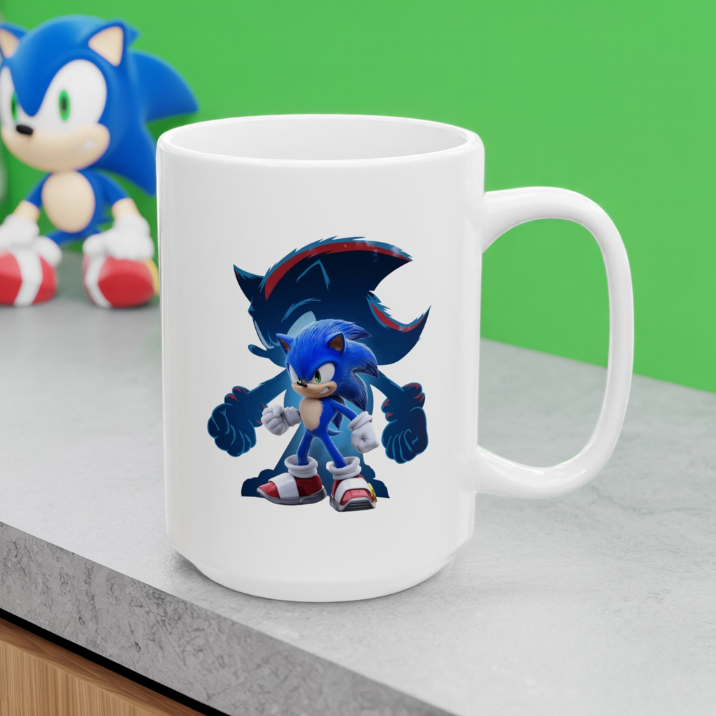 Blue Speed Hero Mug – Epic Gaming Hedgehog Coffee Cup with Dark Rival Silhouette – Video Game Inspired Gift for Fans & Collectors