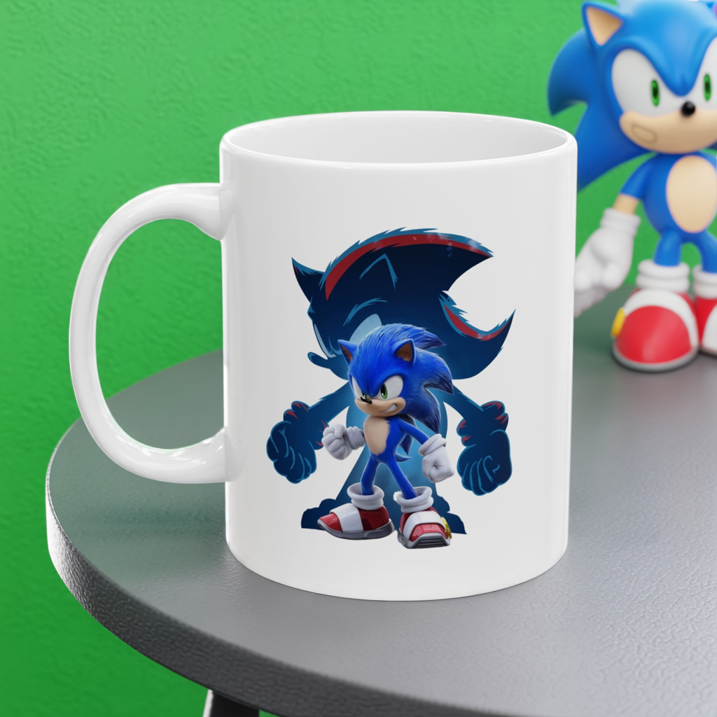 Blue Speed Hero Mug – Epic Gaming Hedgehog Coffee Cup with Dark Rival Silhouette – Video Game Inspired Gift for Fans & Collectors