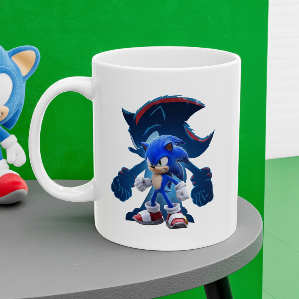 Blue Speed Hero Mug – Epic Gaming Hedgehog Coffee Cup with Dark Rival Silhouette – Video Game Inspired Gift for Fans & Collectors