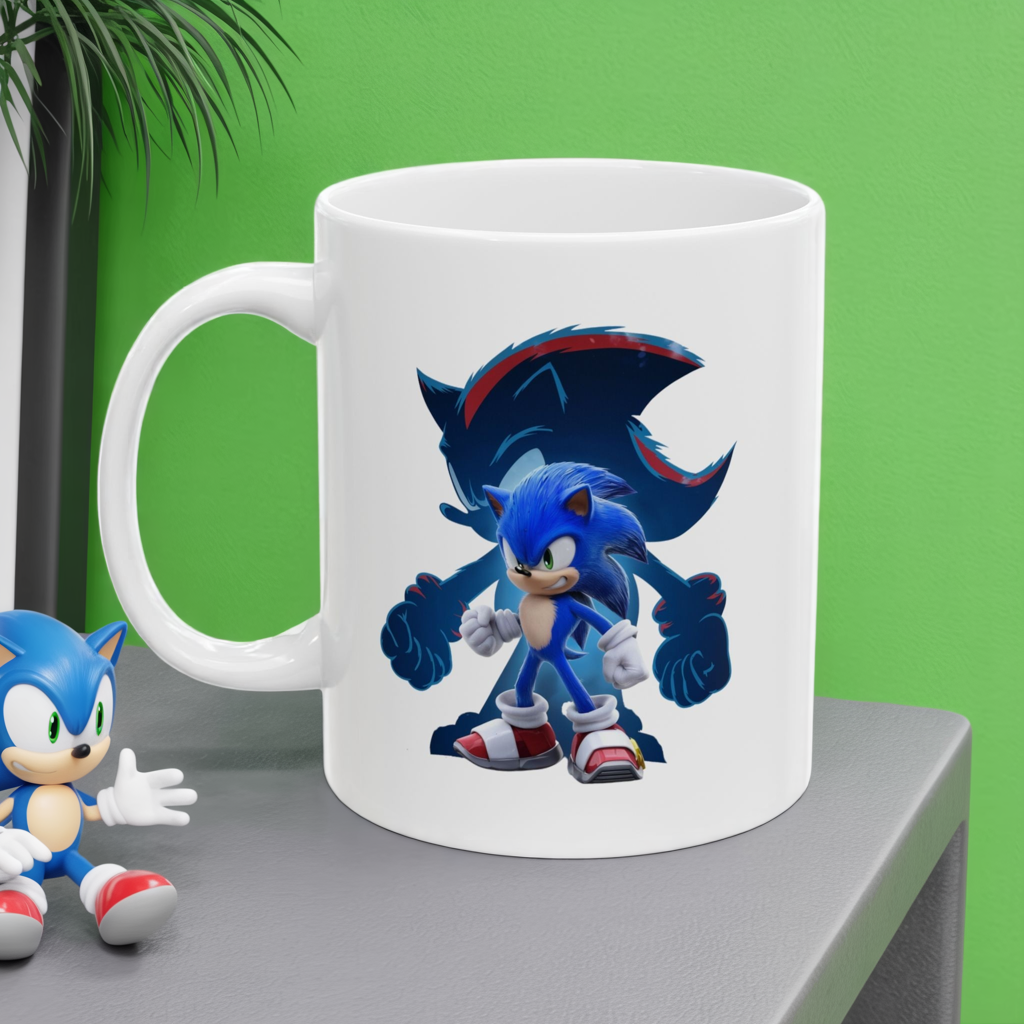 Blue Speed Hero Mug – Epic Gaming Hedgehog Coffee Cup with Dark Rival Silhouette – Video Game Inspired Gift for Fans & Collectors
