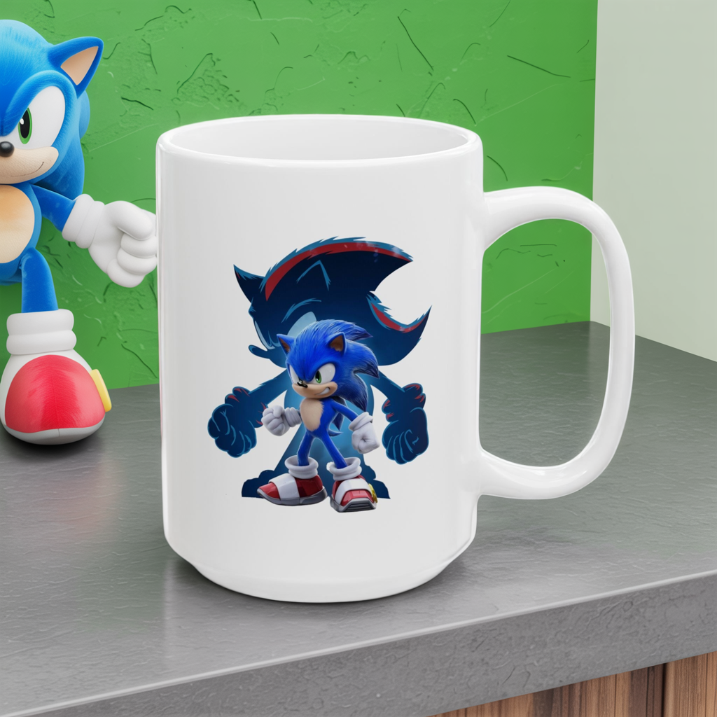 Blue Speed Hero Mug – Epic Gaming Hedgehog Coffee Cup with Dark Rival Silhouette – Video Game Inspired Gift for Fans & Collectors