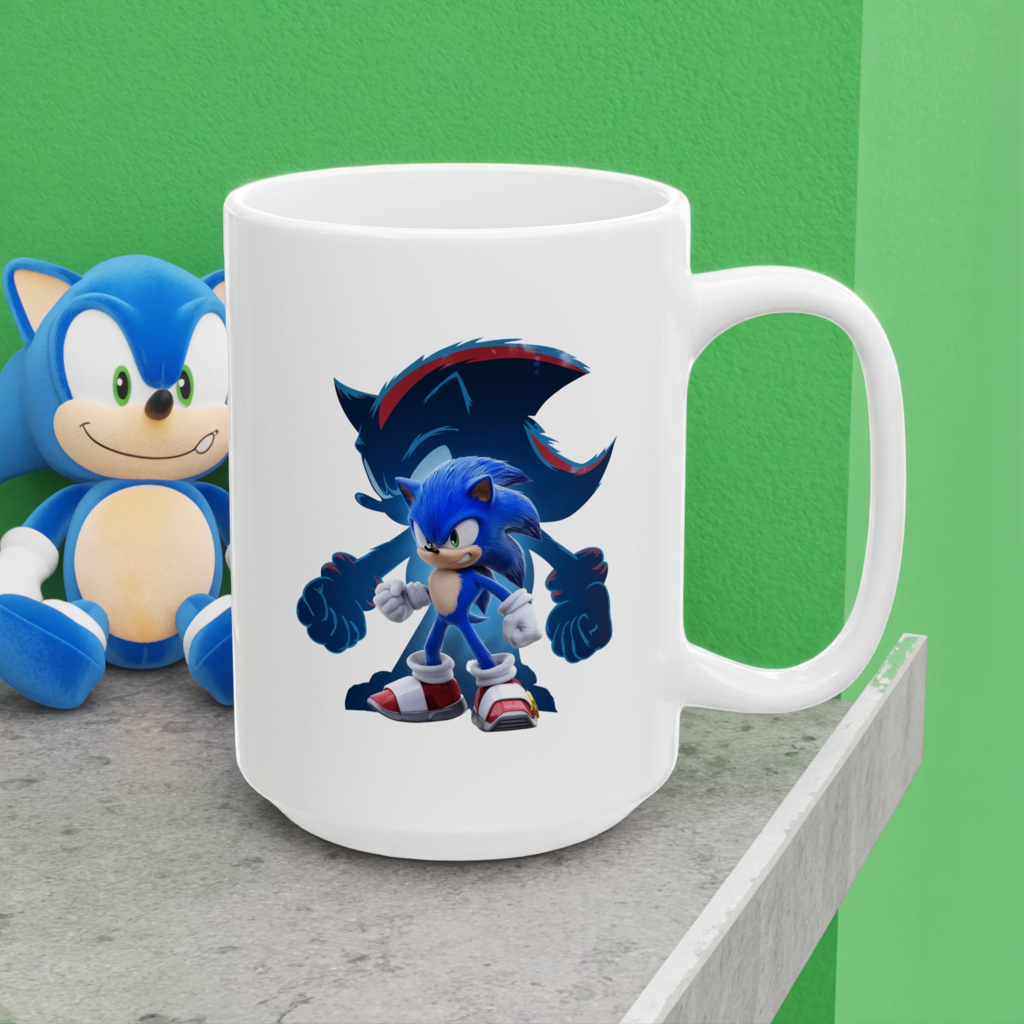 Blue Speed Hero Mug – Epic Gaming Hedgehog Coffee Cup with Dark Rival Silhouette – Video Game Inspired Gift for Fans & Collectors