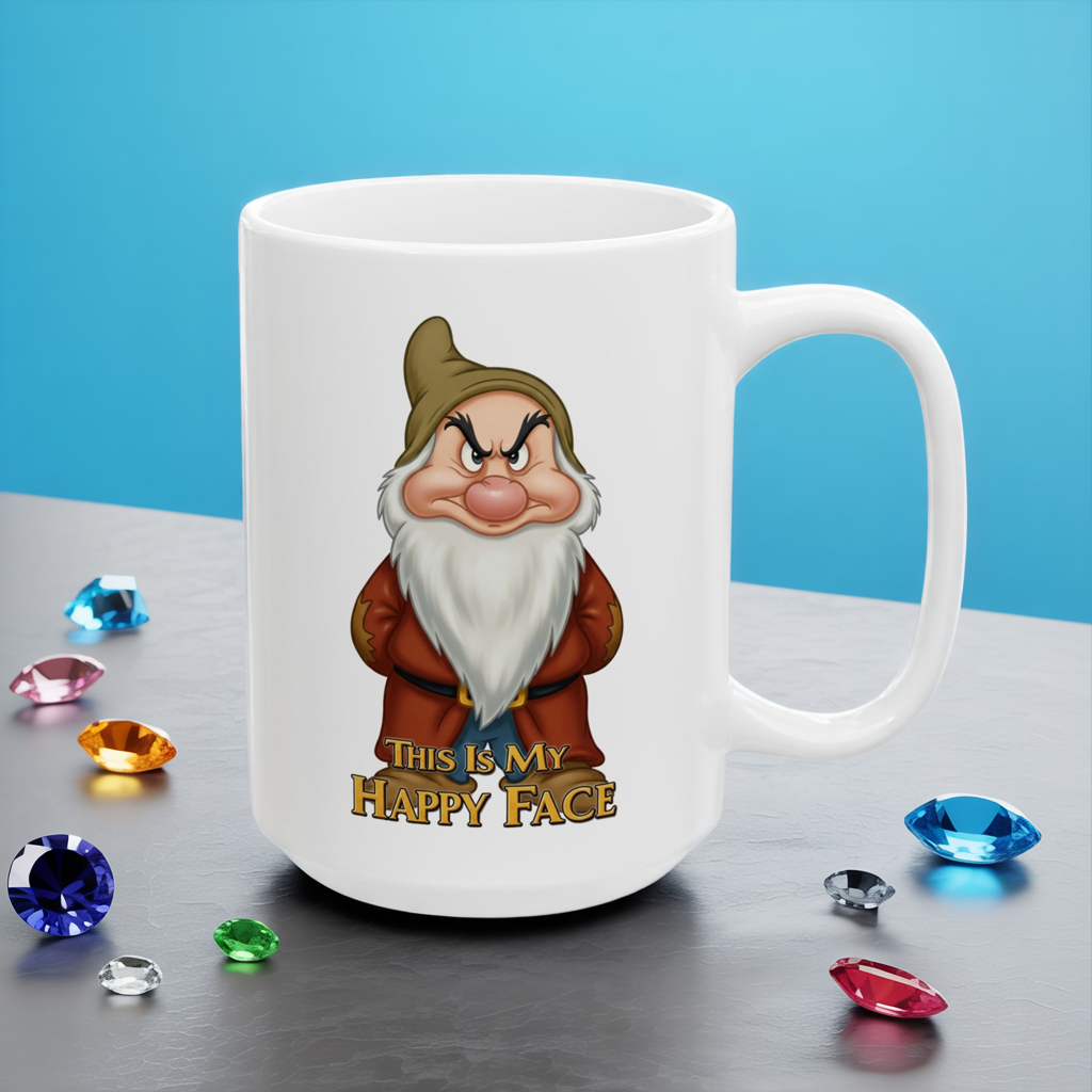 Funny Grumpy Gnome Mug – “This Is My Happy Face” Coffee Cup, Dishwasher Safe Ceramic, Hilarious Gift for Coffee Lovers & Office Humor