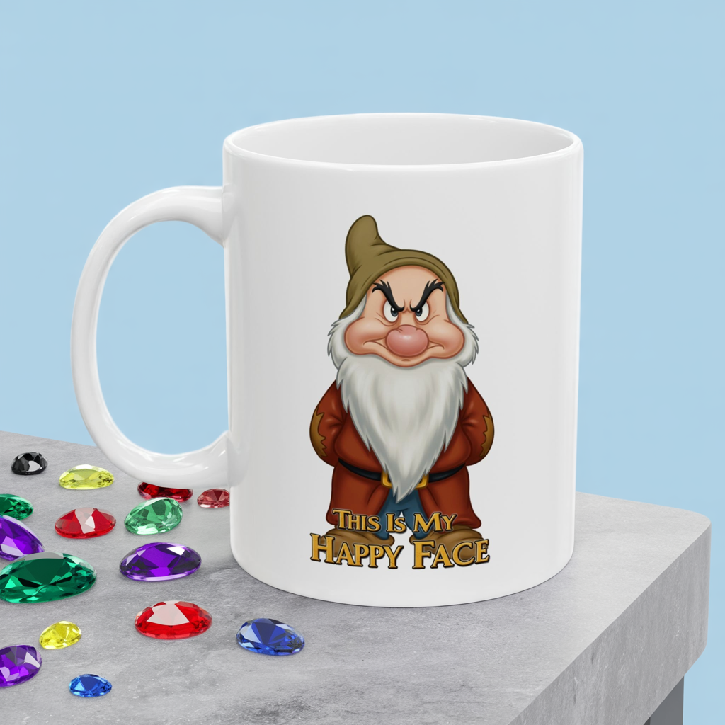 Funny Grumpy Gnome Mug – “This Is My Happy Face” Coffee Cup, Dishwasher Safe Ceramic, Hilarious Gift for Coffee Lovers & Office Humor