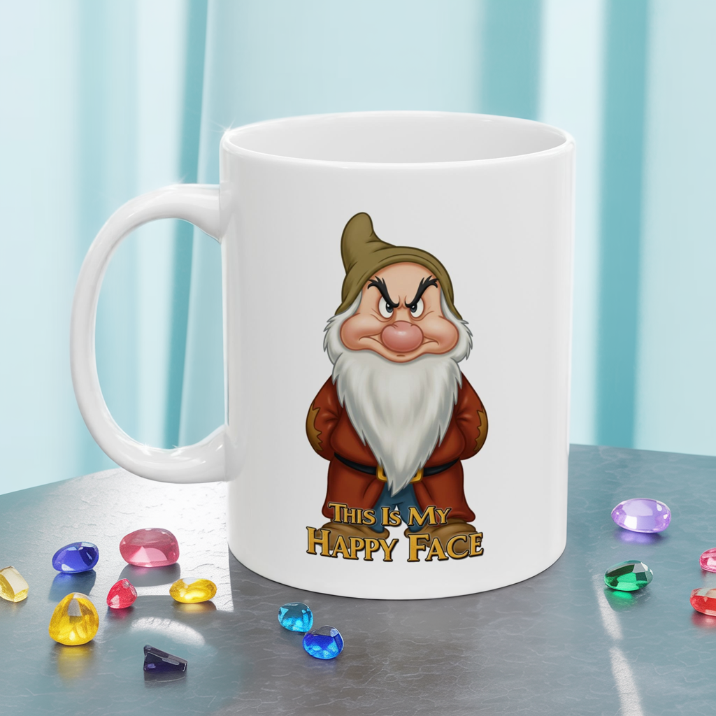 Funny Grumpy Gnome Mug – “This Is My Happy Face” Coffee Cup, Dishwasher Safe Ceramic, Hilarious Gift for Coffee Lovers & Office Humor