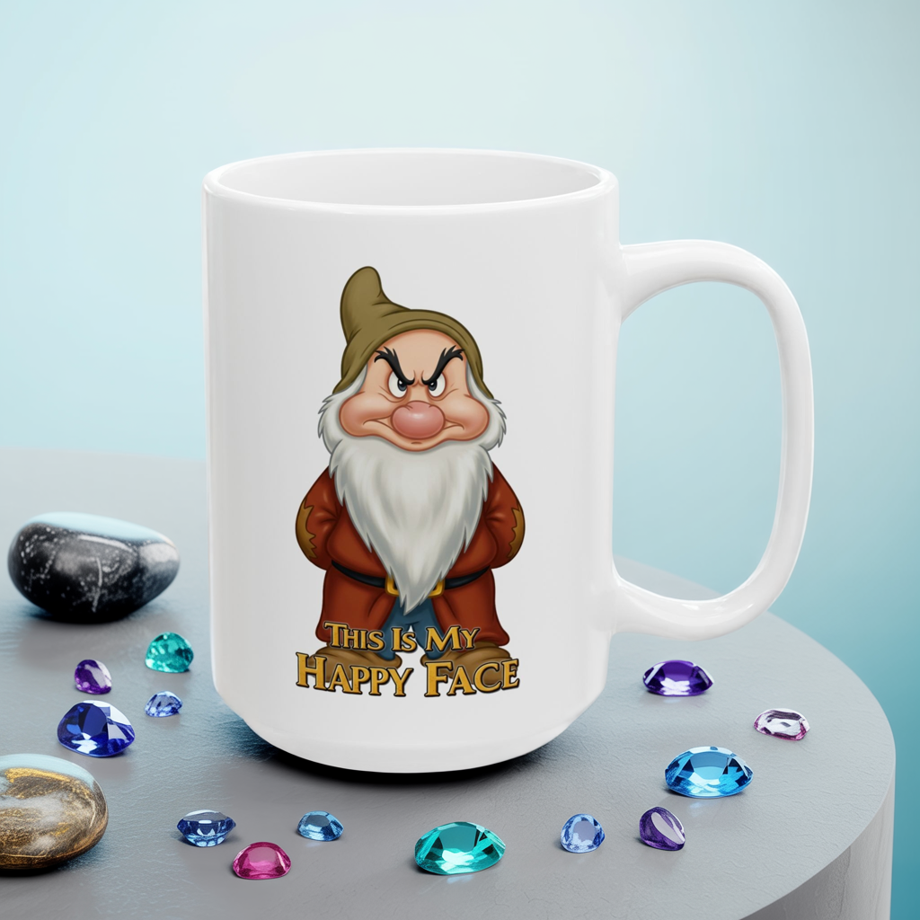 Funny Grumpy Gnome Mug – “This Is My Happy Face” Coffee Cup, Dishwasher Safe Ceramic, Hilarious Gift for Coffee Lovers & Office Humor