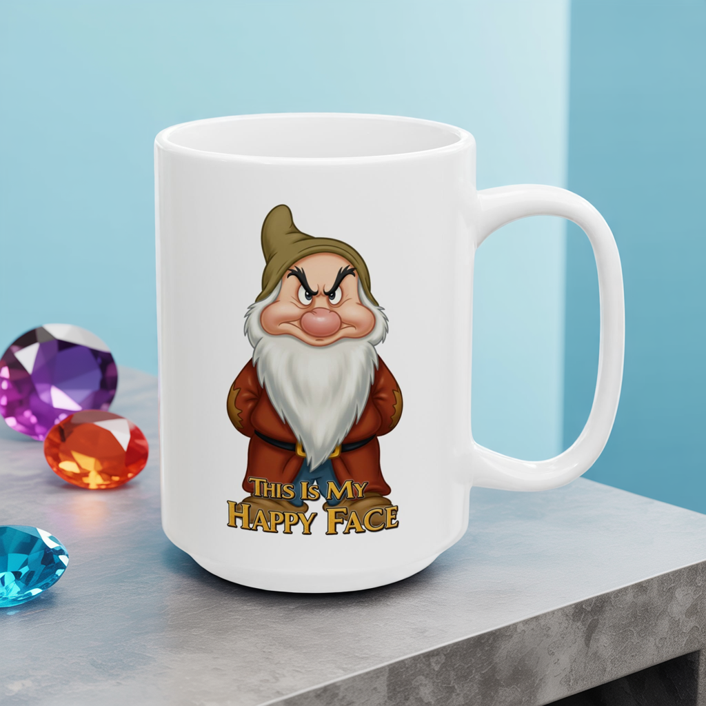 Funny Grumpy Gnome Mug – “This Is My Happy Face” Coffee Cup, Dishwasher Safe Ceramic, Hilarious Gift for Coffee Lovers & Office Humor