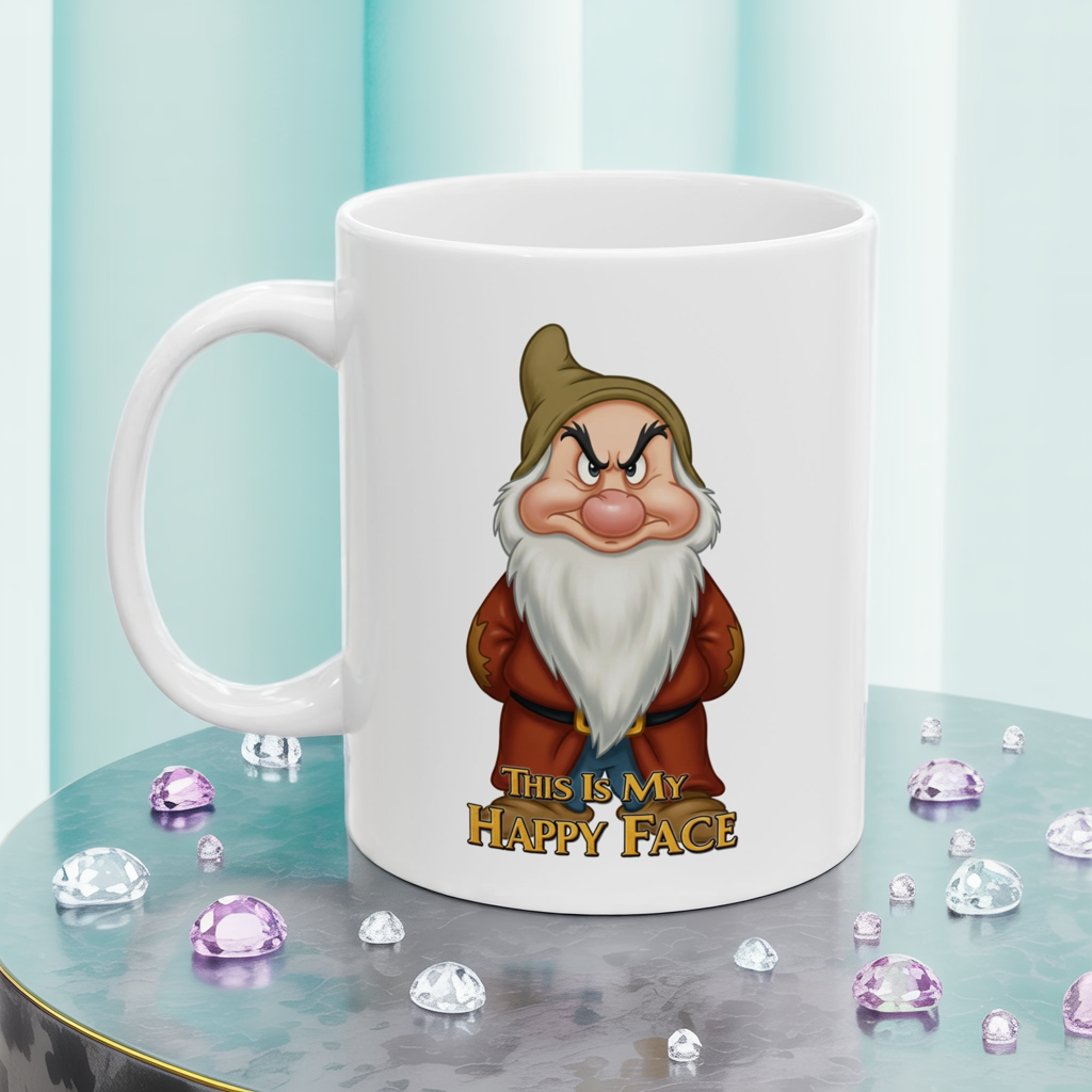 Funny Grumpy Gnome Mug – “This Is My Happy Face” Coffee Cup, Dishwasher Safe Ceramic, Hilarious Gift for Coffee Lovers & Office Humor