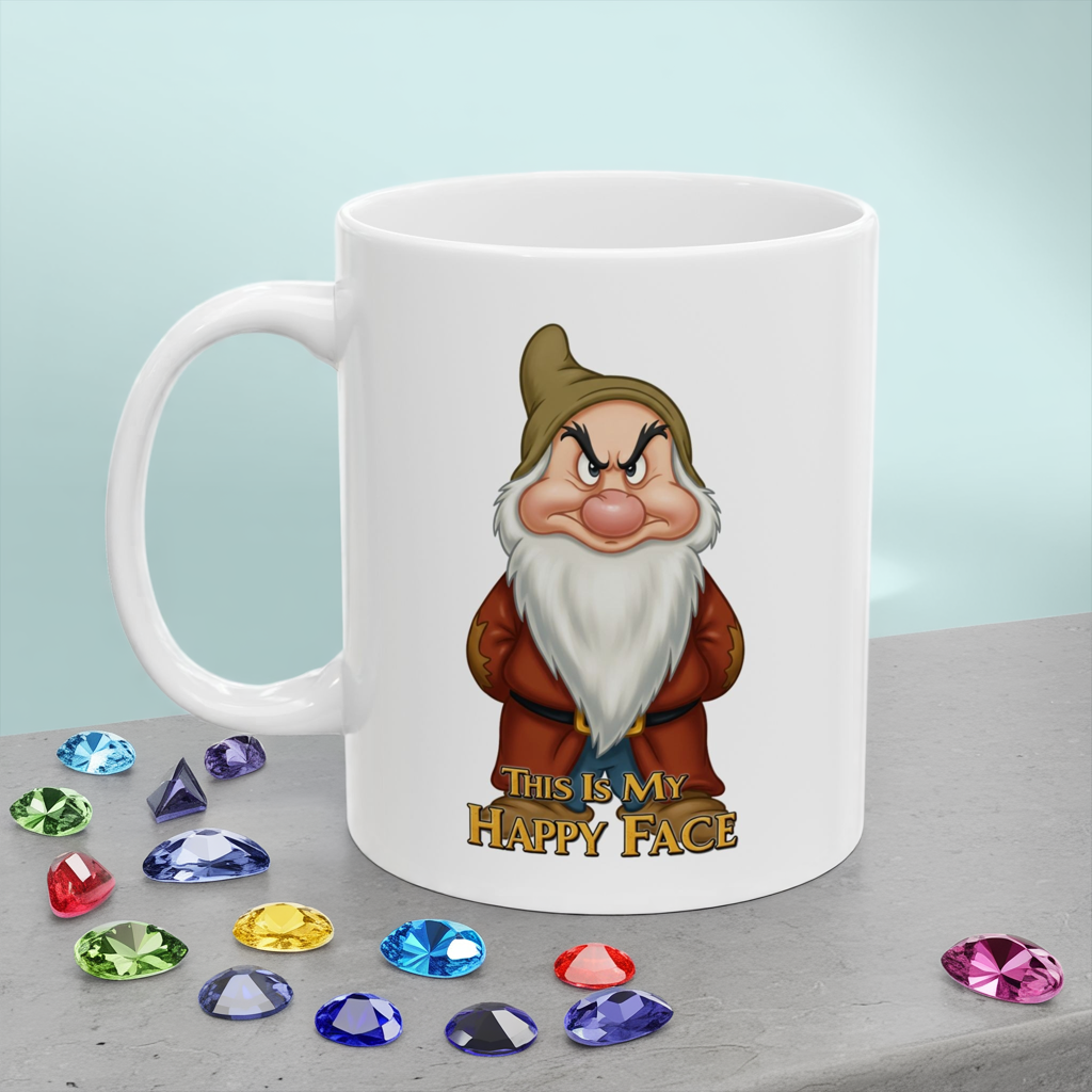 Funny Grumpy Gnome Mug – “This Is My Happy Face” Coffee Cup, Dishwasher Safe Ceramic, Hilarious Gift for Coffee Lovers & Office Humor