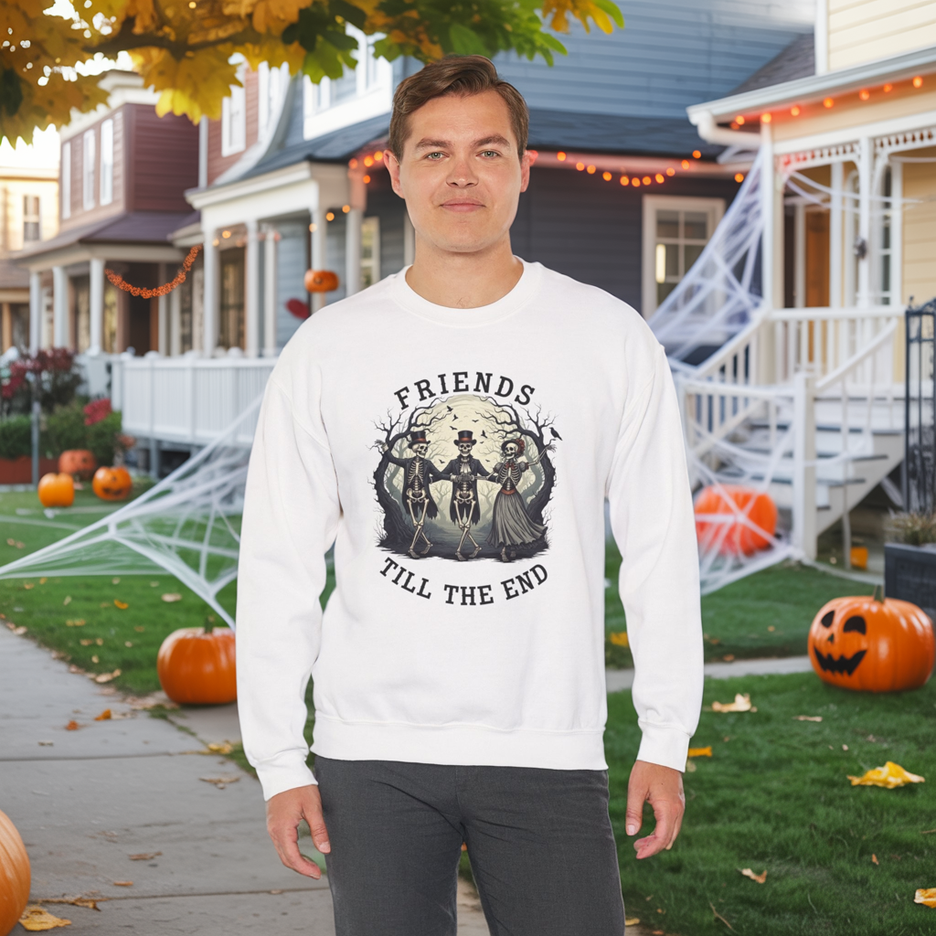 Friends Till The End Skeleton Sweatshirt | Dancing Skeletons Halloween Crewneck | Spooky Fall Graphic Pullover Gift for Bestie