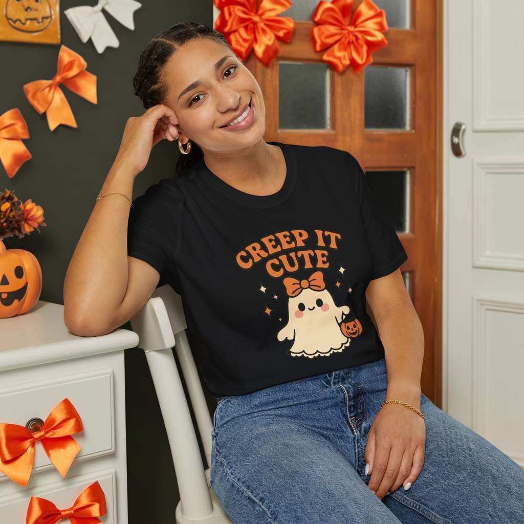 Creep It Cute Ghost Halloween Shirt - Kawaii Ghost Tee with Bow and Pumpkin, Spooky-Cute Fall Graphic T-Shirt, Spooky Season Halloween Top