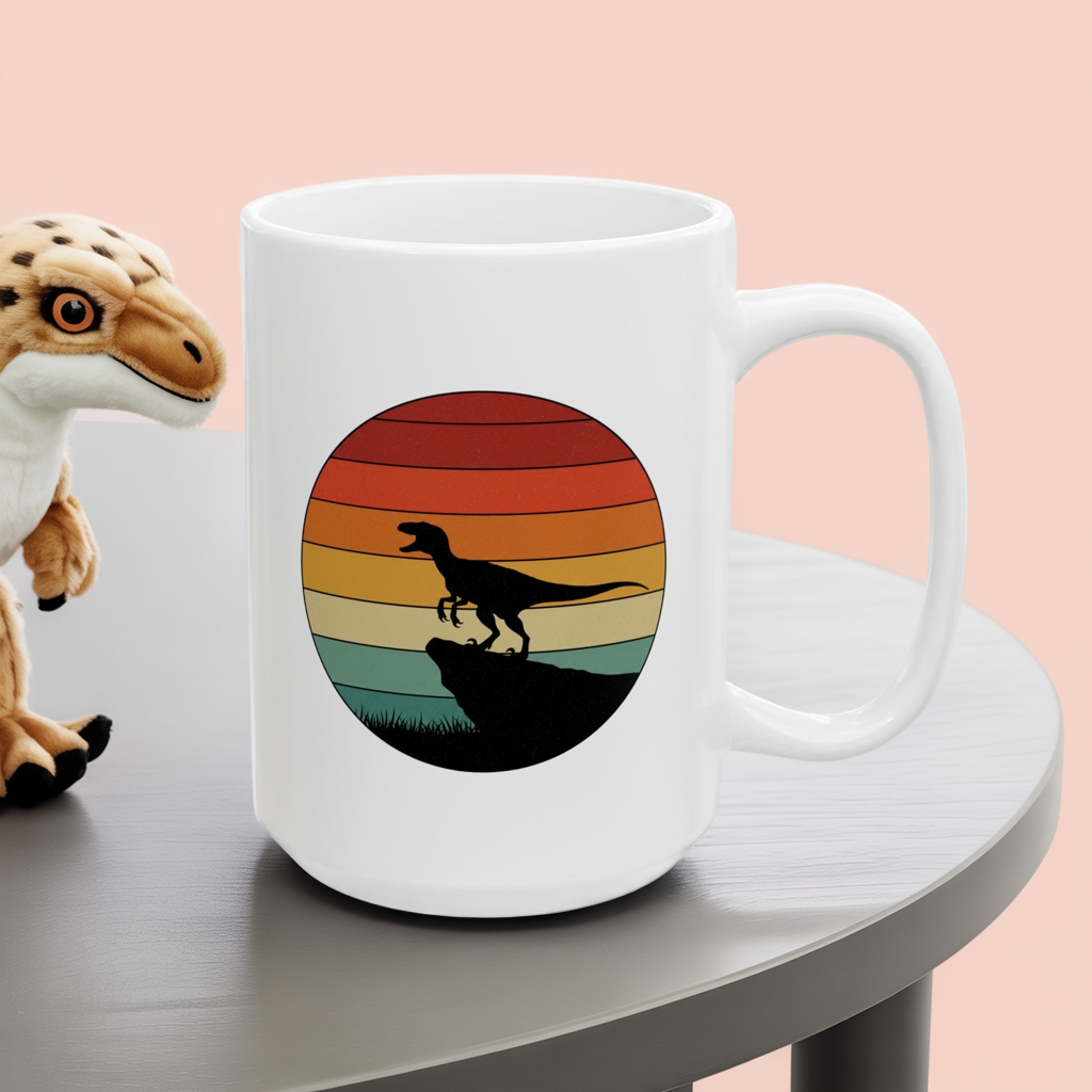 Retro Sunset Dinosaur Mug – Velociraptor Silhouette on Vintage Stripes, Jurassic Coffee Cup, Prehistoric Art Ceramic Mug, Dinosaur Lover Gift