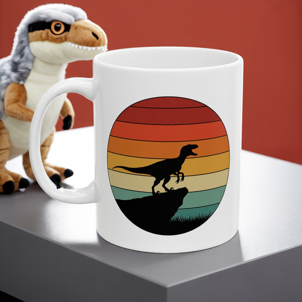 Retro Sunset Dinosaur Mug – Velociraptor Silhouette on Vintage Stripes, Jurassic Coffee Cup, Prehistoric Art Ceramic Mug, Dinosaur Lover Gift