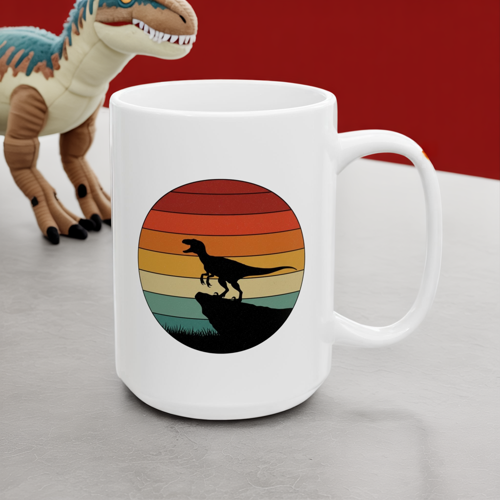 Retro Sunset Dinosaur Mug – Velociraptor Silhouette on Vintage Stripes, Jurassic Coffee Cup, Prehistoric Art Ceramic Mug, Dinosaur Lover Gift