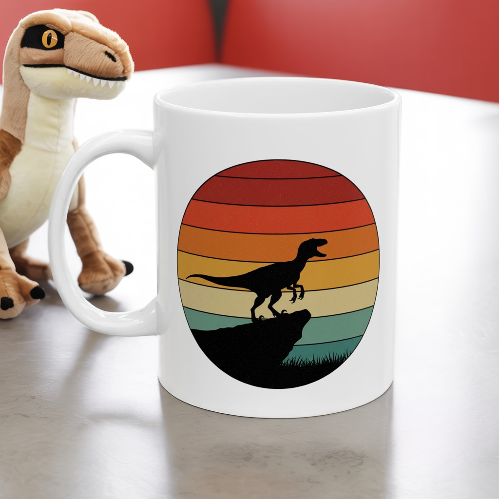 Retro Sunset Dinosaur Mug – Velociraptor Silhouette on Vintage Stripes, Jurassic Coffee Cup, Prehistoric Art Ceramic Mug, Dinosaur Lover Gift