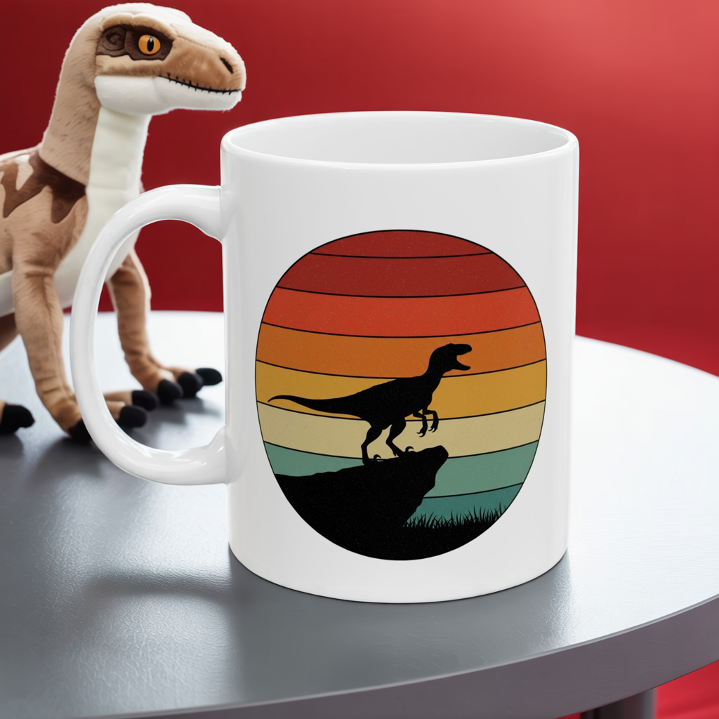 Retro Sunset Dinosaur Mug – Velociraptor Silhouette on Vintage Stripes, Jurassic Coffee Cup, Prehistoric Art Ceramic Mug, Dinosaur Lover Gift