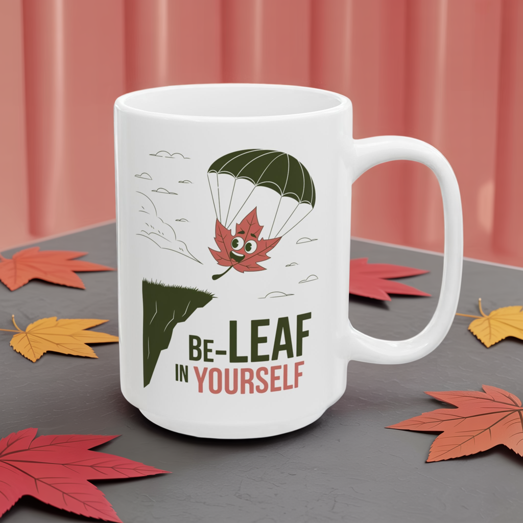 Be-Leaf In Yourself Mug – Motivational Leaf Parachute Design on Ceramic Coffee Cup, Positive Affirmation Gift for Fall Lovers & Nature Enthusiasts
