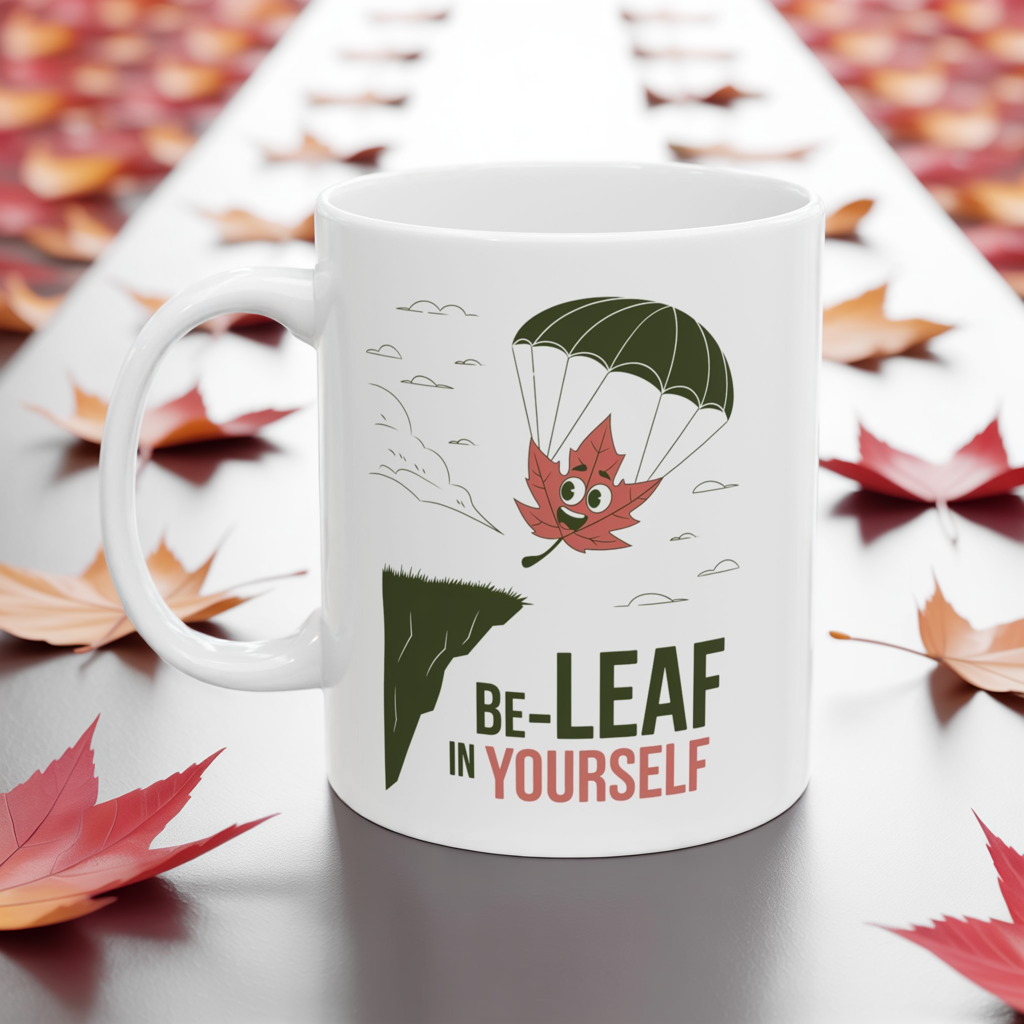 Be-Leaf In Yourself Mug – Motivational Leaf Parachute Design on Ceramic Coffee Cup, Positive Affirmation Gift for Fall Lovers & Nature Enthusiasts