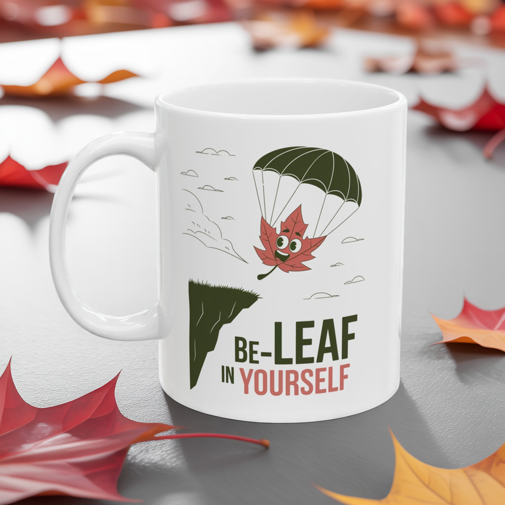 Be-Leaf In Yourself Mug – Motivational Leaf Parachute Design on Ceramic Coffee Cup, Positive Affirmation Gift for Fall Lovers & Nature Enthusiasts