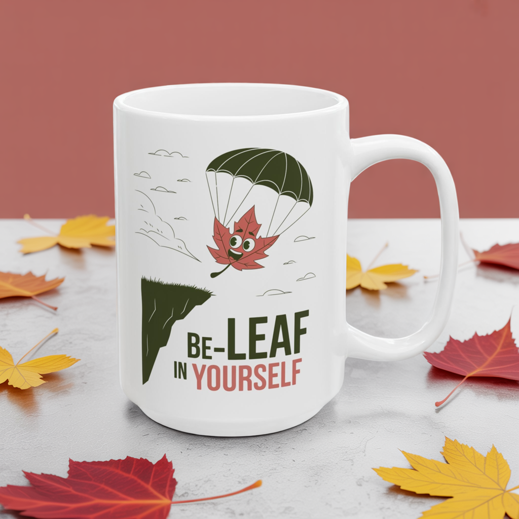 Be-Leaf In Yourself Mug – Motivational Leaf Parachute Design on Ceramic Coffee Cup, Positive Affirmation Gift for Fall Lovers & Nature Enthusiasts