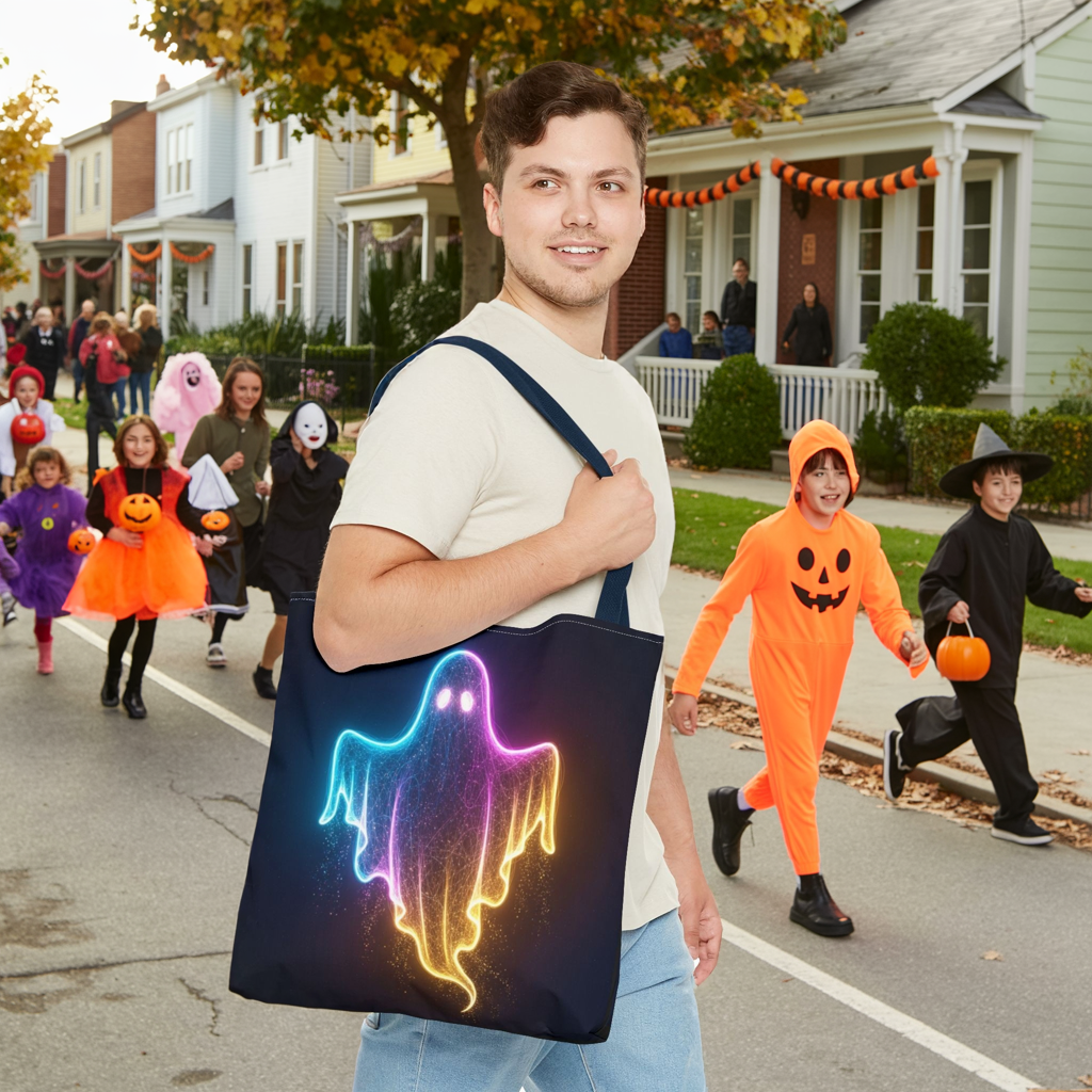 Neon Ghost Tote Bag - Bright Colorful Ghost Print Shoulder Tote, Spooky Cute Reusable Canvas Bag, Halloween Aesthetic Everyday Carry