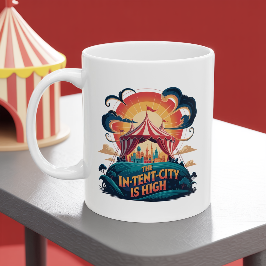 Funny Camping Coffee Mug • The In-Tent-City is High Pun Cup • Outdoor Adventure Gift • Festival Coffee Mug • Camping Humor Drinkware