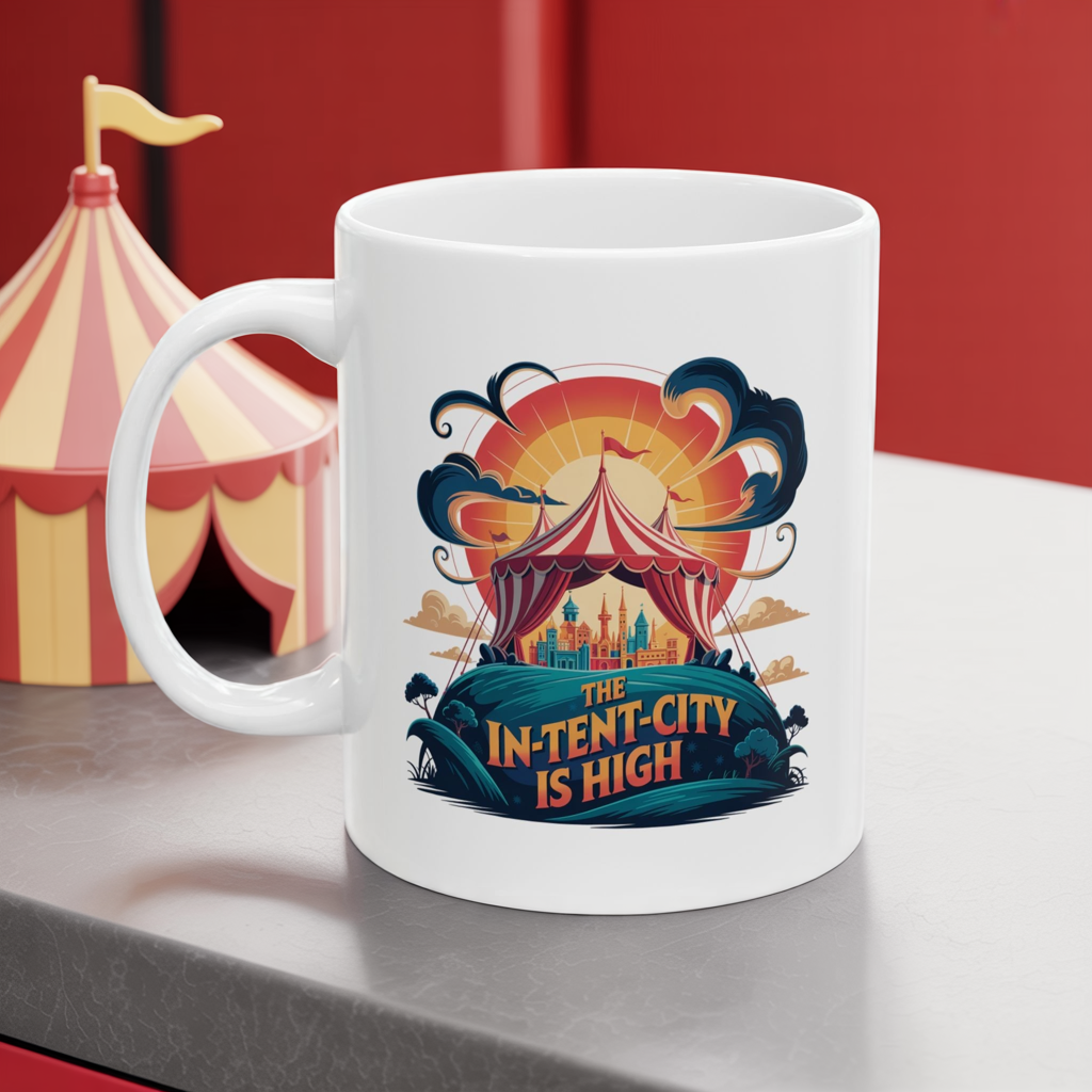 Funny Camping Coffee Mug • The In-Tent-City is High Pun Cup • Outdoor Adventure Gift • Festival Coffee Mug • Camping Humor Drinkware