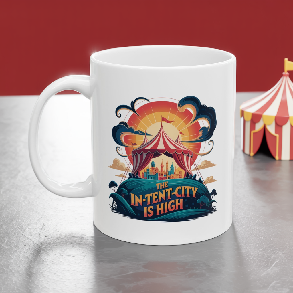 Funny Camping Coffee Mug • The In-Tent-City is High Pun Cup • Outdoor Adventure Gift • Festival Coffee Mug • Camping Humor Drinkware