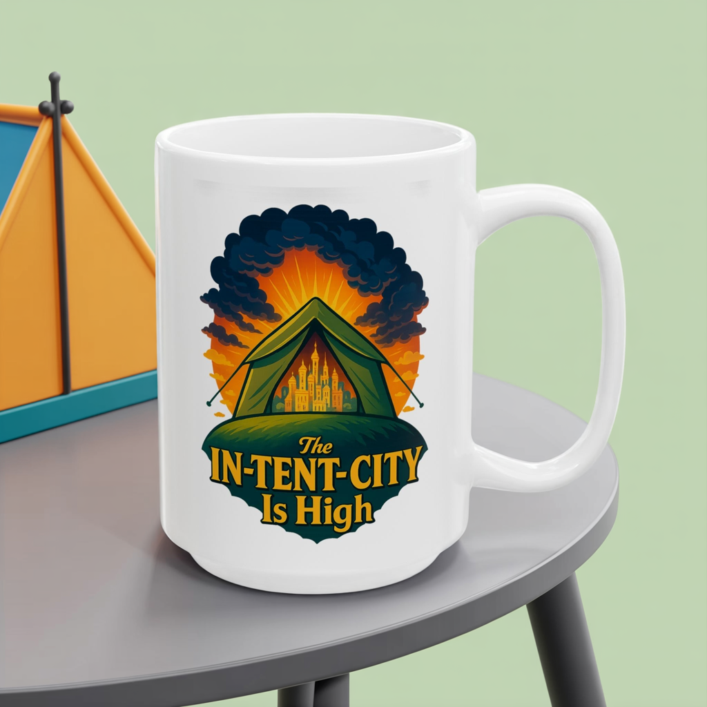 Camping Coffee Mug • The In-Tent-City Is High Pun Cup • Funny Hiking Gift • Outdoors Adventure Mug • Camper Humor Drinkware 11oz 15oz