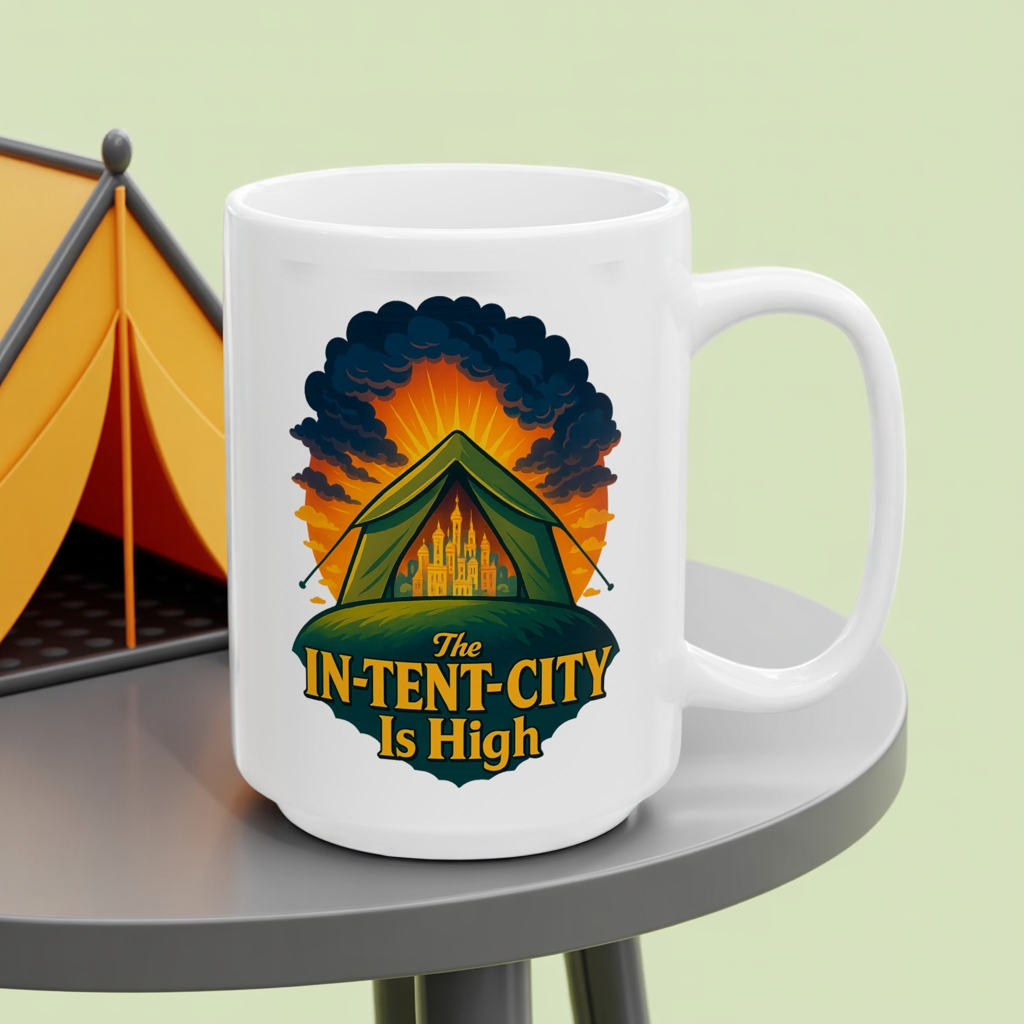 Camping Coffee Mug • The In-Tent-City Is High Pun Cup • Funny Hiking Gift • Outdoors Adventure Mug • Camper Humor Drinkware 11oz 15oz