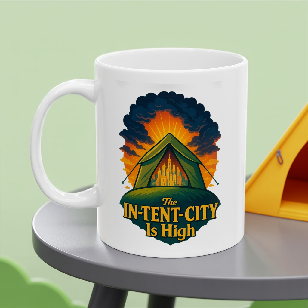Camping Coffee Mug • The In-Tent-City Is High Pun Cup • Funny Hiking Gift • Outdoors Adventure Mug • Camper Humor Drinkware 11oz 15oz