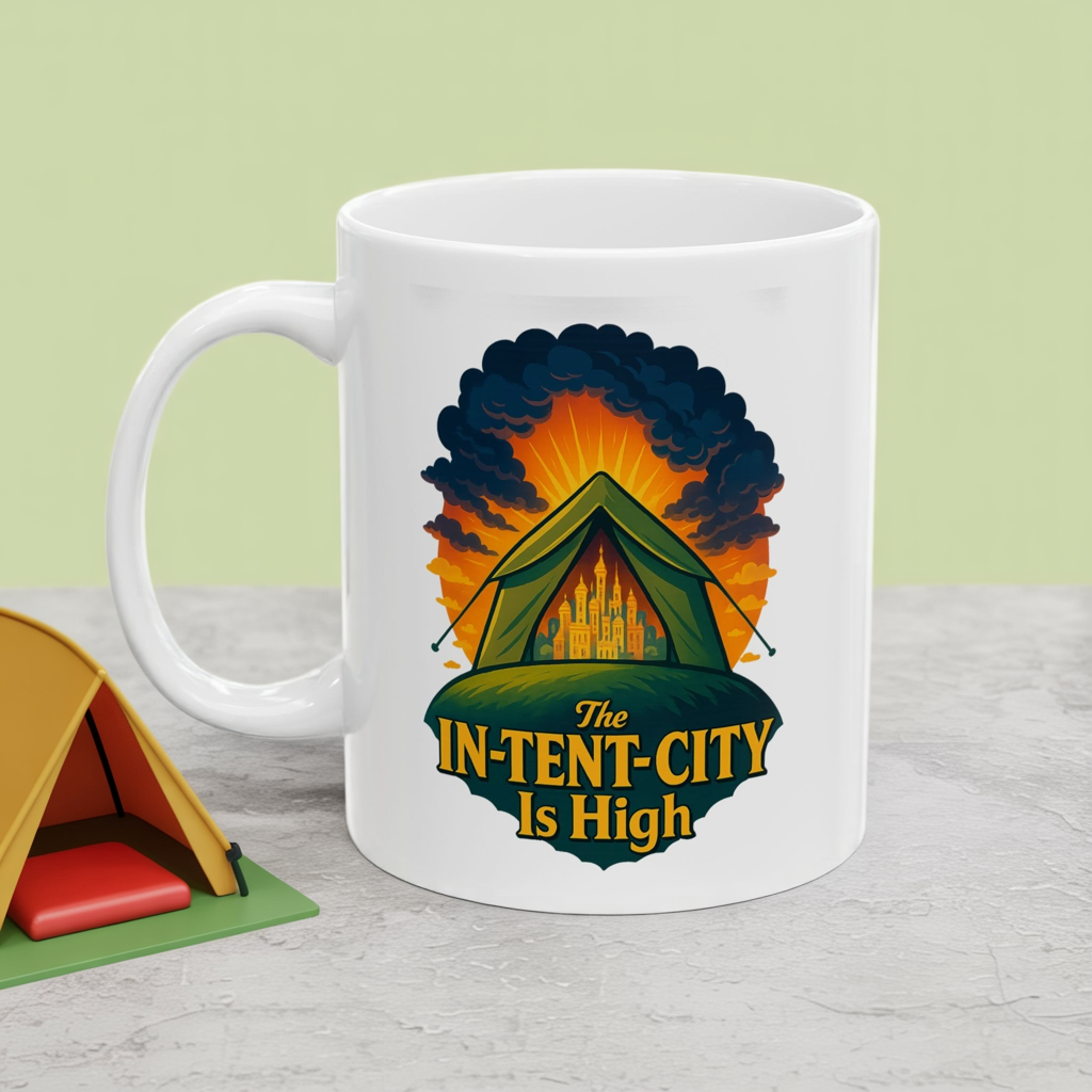 Camping Coffee Mug • The In-Tent-City Is High Pun Cup • Funny Hiking Gift • Outdoors Adventure Mug • Camper Humor Drinkware 11oz 15oz