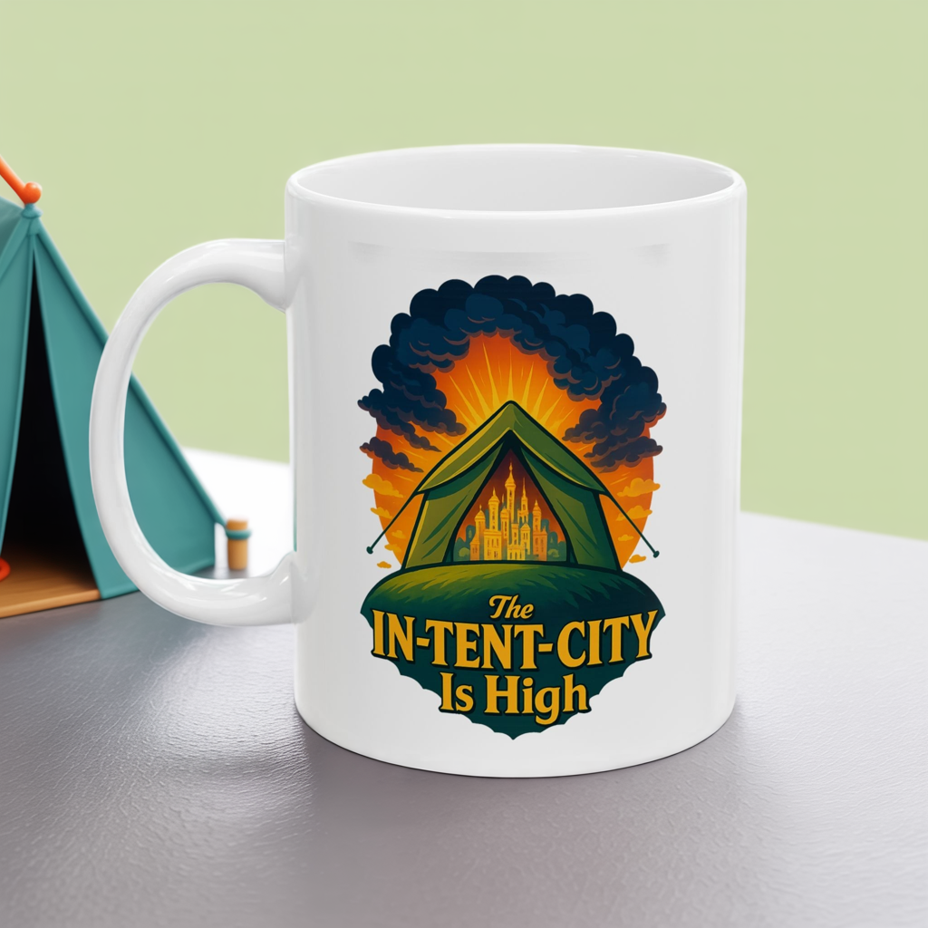 Camping Coffee Mug • The In-Tent-City Is High Pun Cup • Funny Hiking Gift • Outdoors Adventure Mug • Camper Humor Drinkware 11oz 15oz