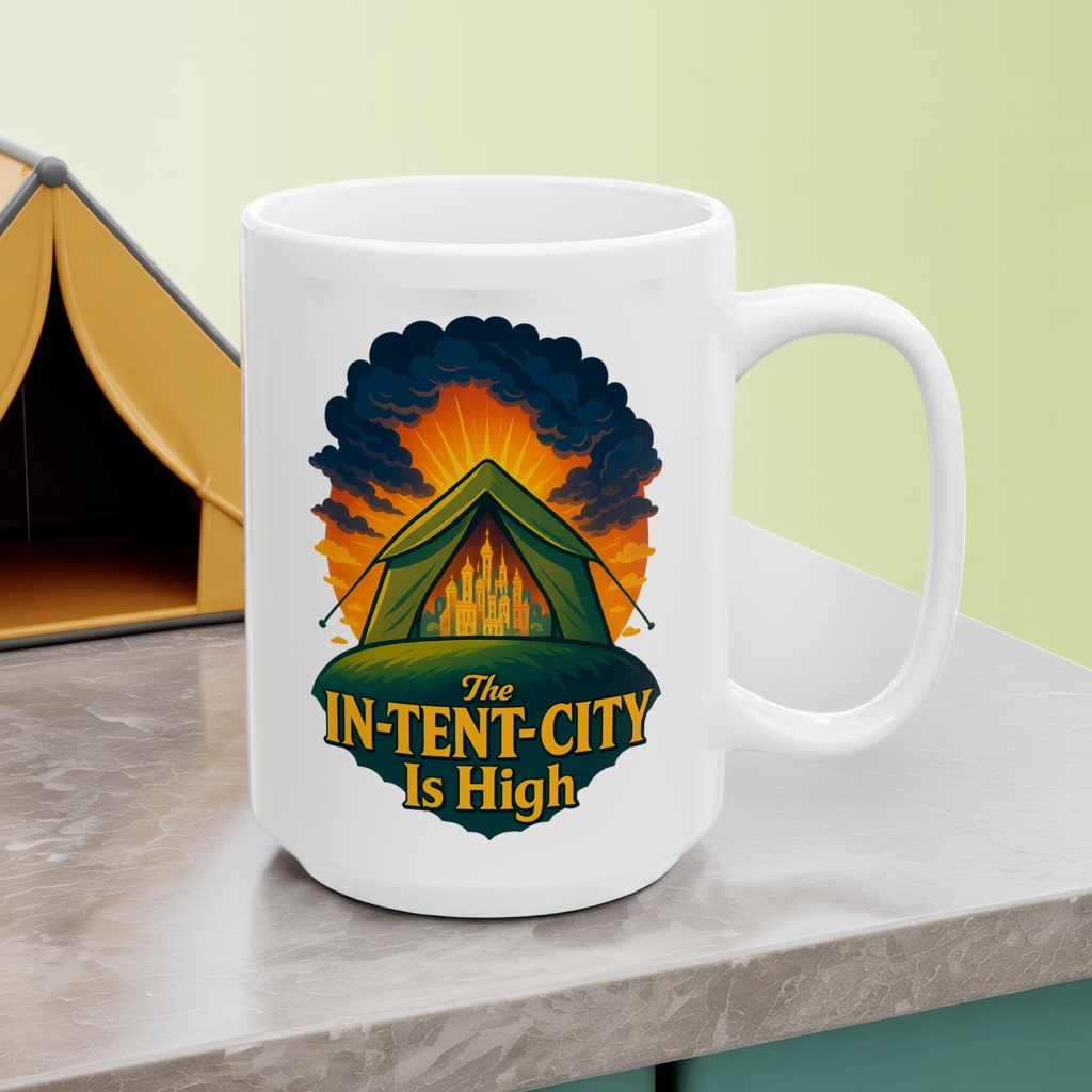 Camping Coffee Mug • The In-Tent-City Is High Pun Cup • Funny Hiking Gift • Outdoors Adventure Mug • Camper Humor Drinkware 11oz 15oz