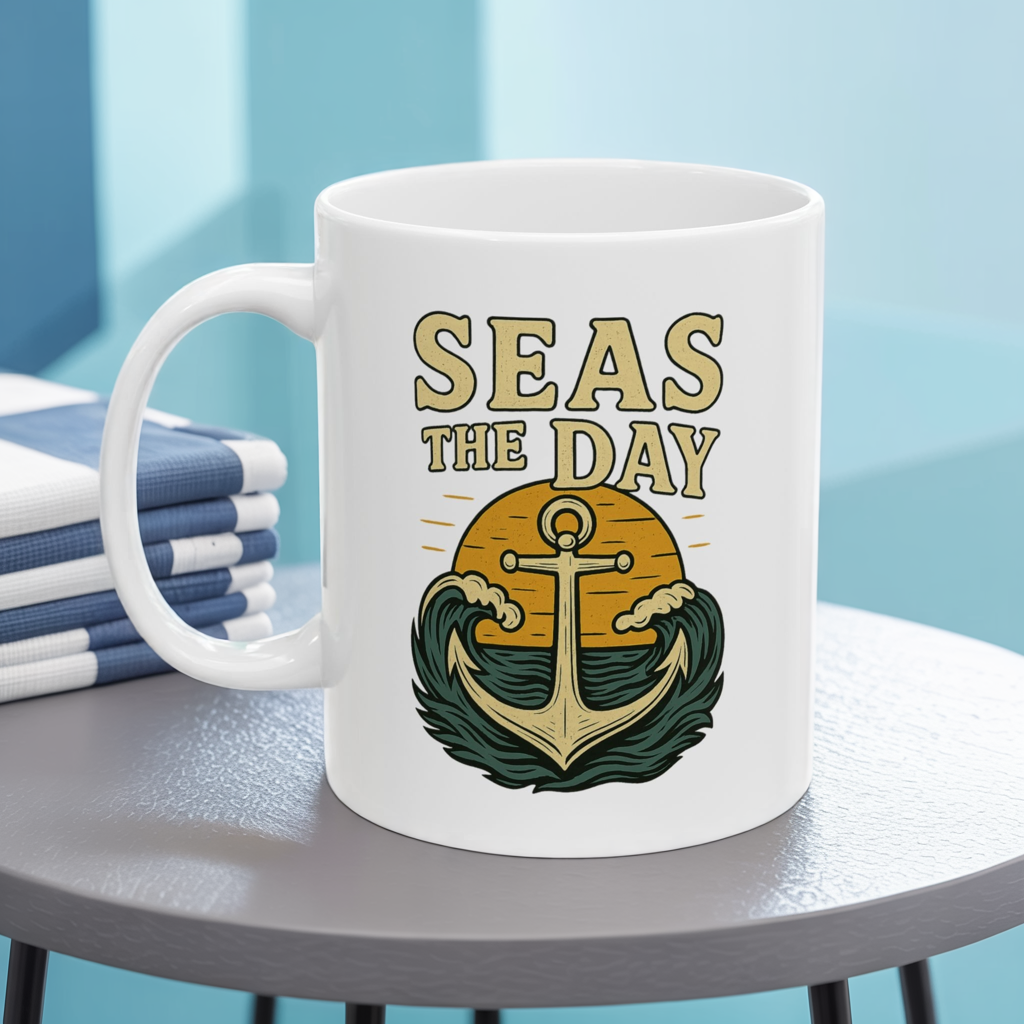 Seas the Day Coffee Mug – Nautical Anchor Ocean Sunset Cup, Funny Motivational Gift for Coffee Lovers, Sailors & Beach Vibes