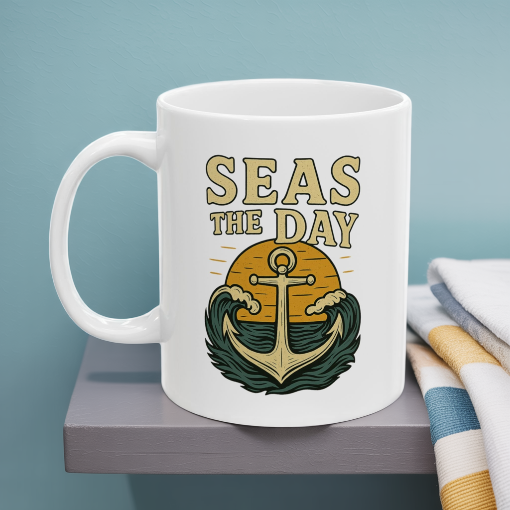 Seas the Day Coffee Mug – Nautical Anchor Ocean Sunset Cup, Funny Motivational Gift for Coffee Lovers, Sailors & Beach Vibes