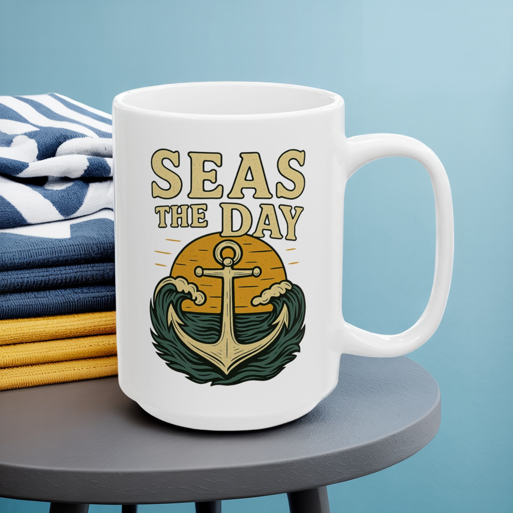 Seas the Day Coffee Mug – Nautical Anchor Ocean Sunset Cup, Funny Motivational Gift for Coffee Lovers, Sailors & Beach Vibes