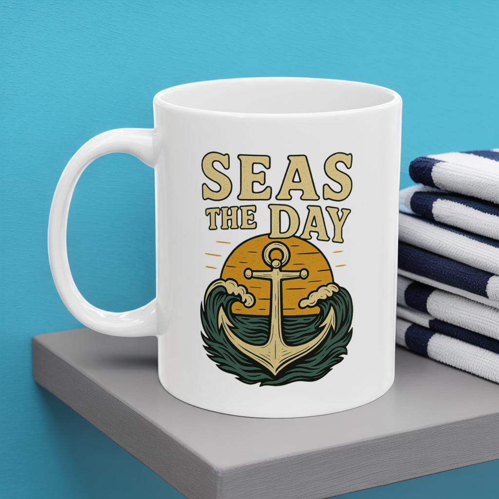 Seas the Day Coffee Mug – Nautical Anchor Ocean Sunset Cup, Funny Motivational Gift for Coffee Lovers, Sailors & Beach Vibes