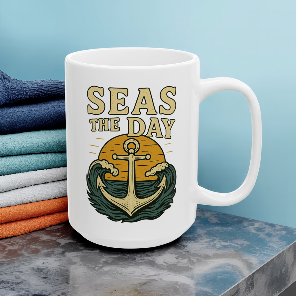 Seas the Day Coffee Mug – Nautical Anchor Ocean Sunset Cup, Funny Motivational Gift for Coffee Lovers, Sailors & Beach Vibes