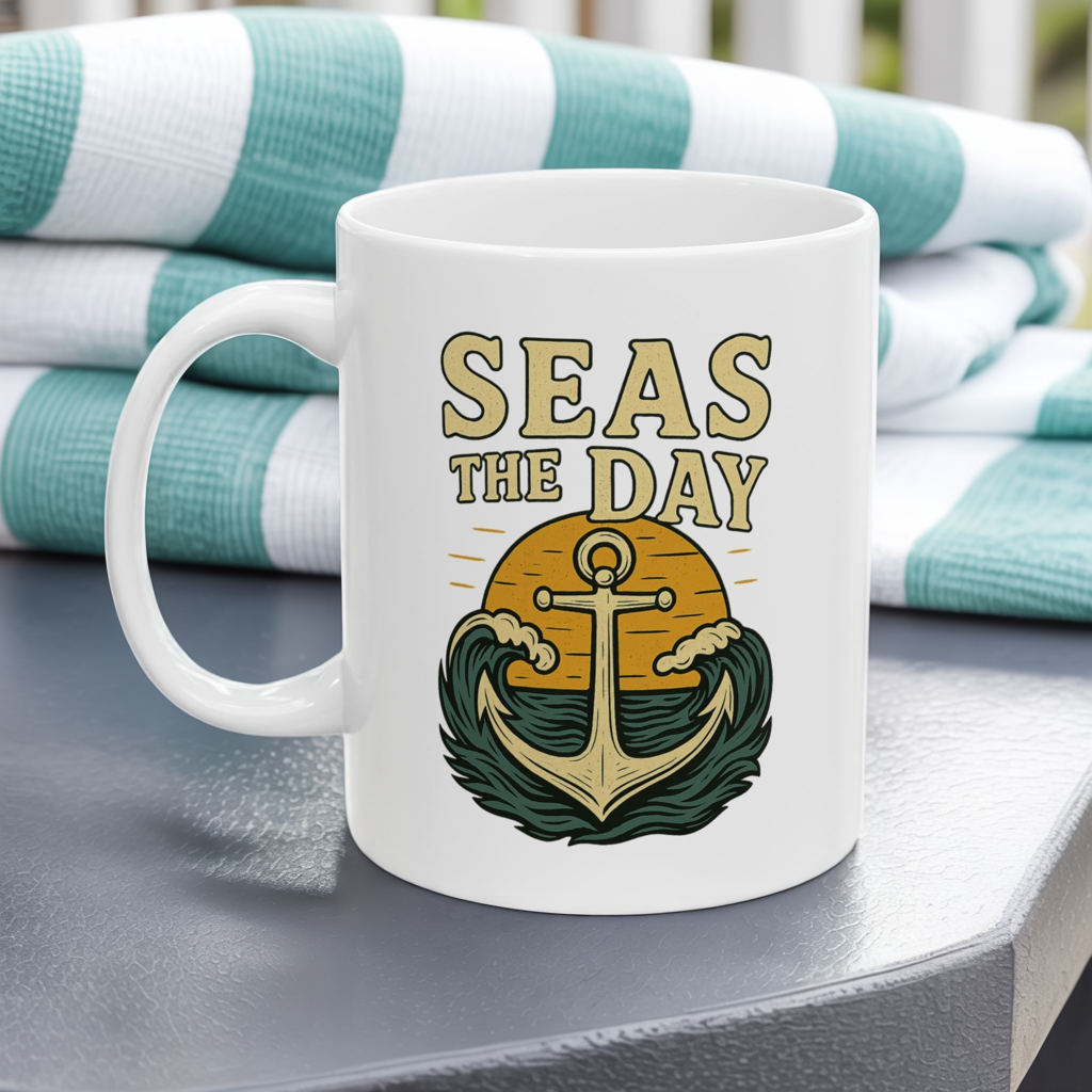 Seas the Day Coffee Mug – Nautical Anchor Ocean Sunset Cup, Funny Motivational Gift for Coffee Lovers, Sailors & Beach Vibes