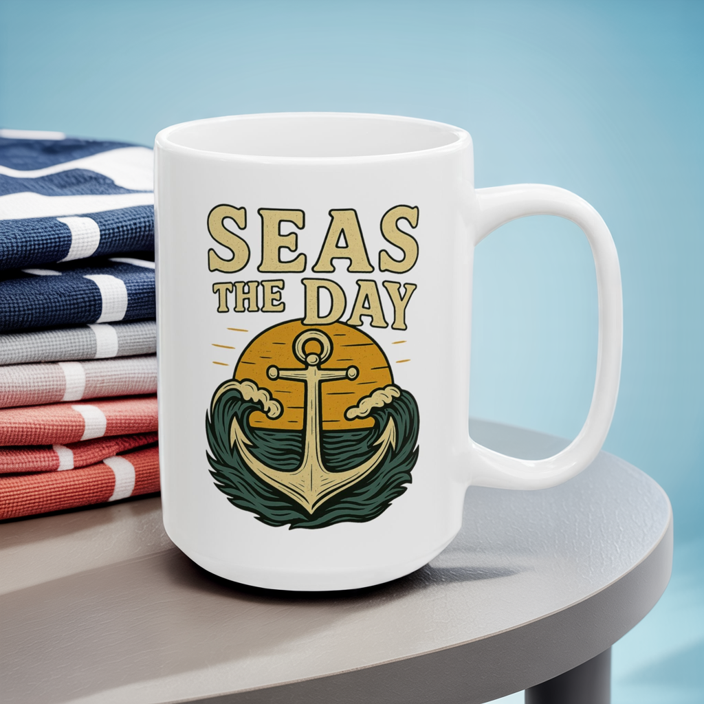 Seas the Day Coffee Mug – Nautical Anchor Ocean Sunset Cup, Funny Motivational Gift for Coffee Lovers, Sailors & Beach Vibes
