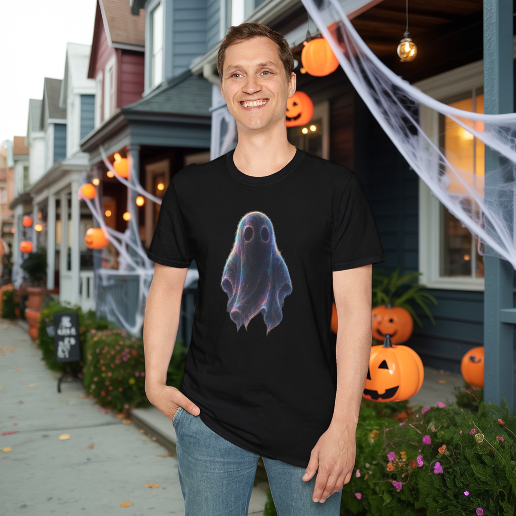 Ethereal Neon Ghost Tee - Iridescent Ghost Graphic T-Shirt, Spooky Aesthetic Halloween Shirt, Vibrant Vaporwave Ghost Tee for Fall