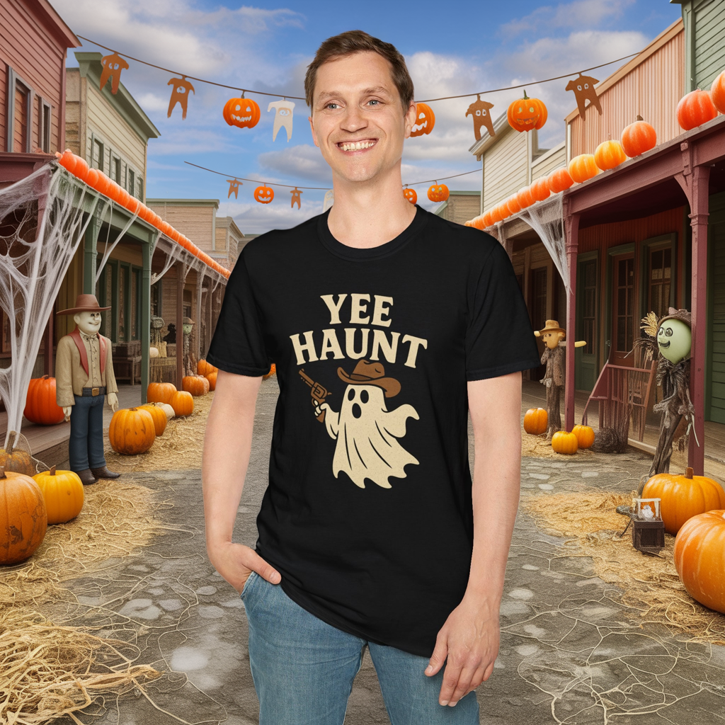 Yee Haunt Ghost Cowboy Halloween Tee - Cute Western Spooky Ghost Shirt - Boo Haw Fall Tee for Ghost Lovers - Unisex Halloween Graphic T-Shirt