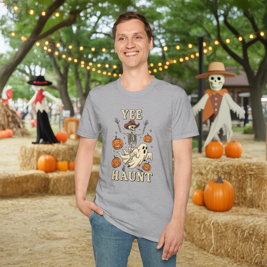Yee Haunt Skeleton Cowboy Ghost Halloween Shirt - Spooky Western Dancing Skeleton Tee, Pumpkin Haunted Ghost Cowboy Top Fall Graphic Tee