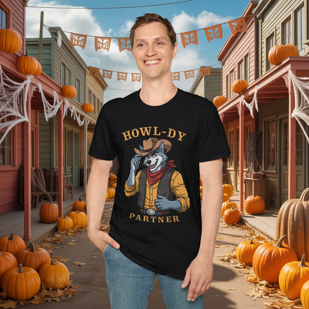 Howl-dy Partner Wolf Cowboy T-Shirt | Western Howling Wolf Graphic Tee, Funny Animal Shirt, Cowboy Gifts, Rustic Country Tee