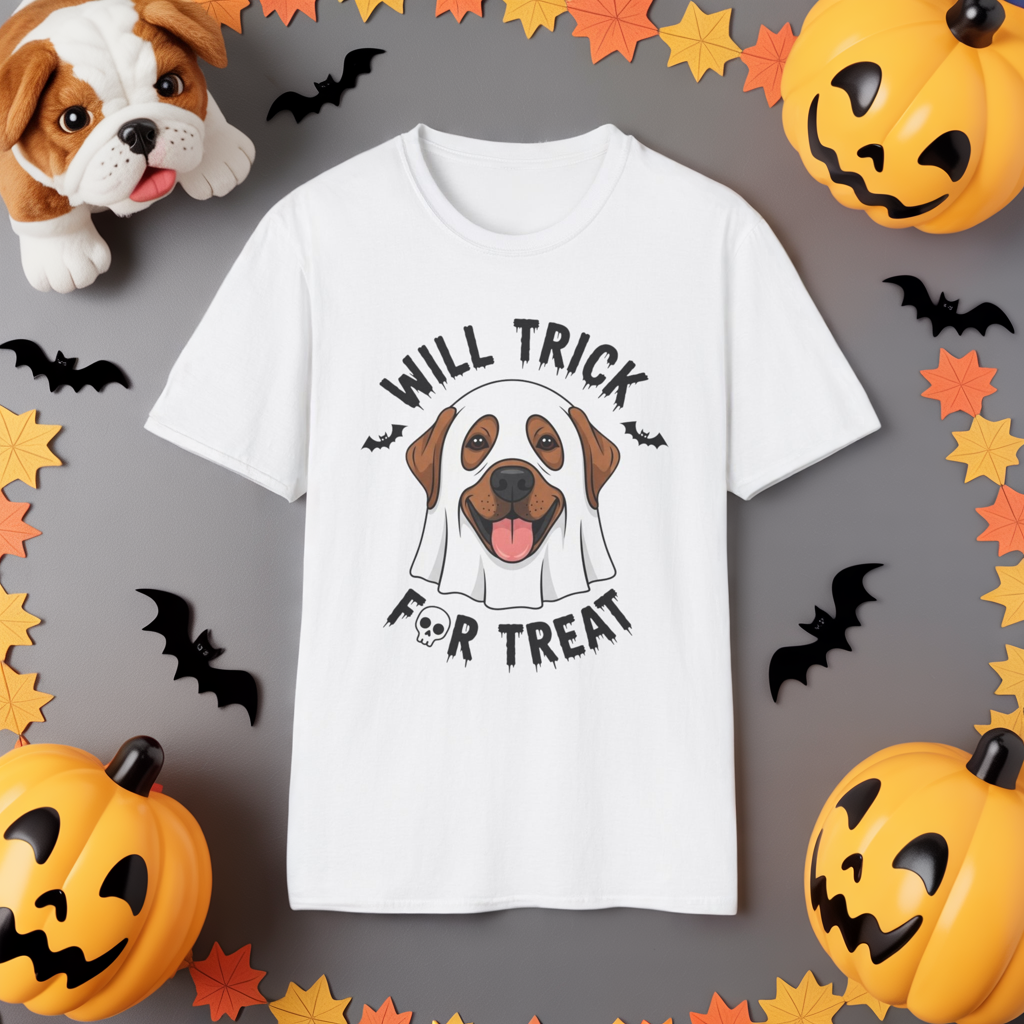 Will Trick for Treat Ghost Dog Halloween T-Shirt | Funny Spooky Dog Tee | Trick or Treat Pup Graphic Tee | Cute Fall Gift for Dog Lovers