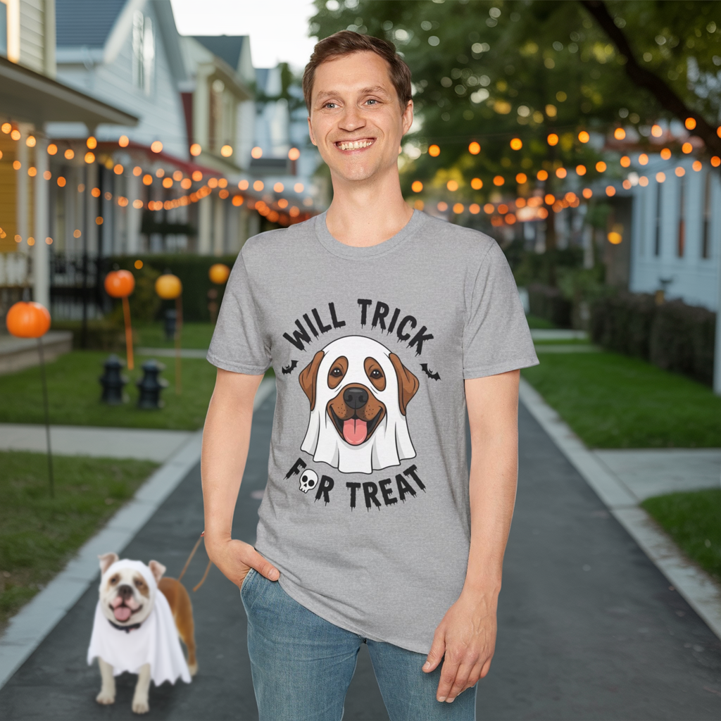Will Trick for Treat Ghost Dog Halloween T-Shirt | Funny Spooky Dog Tee | Trick or Treat Pup Graphic Tee | Cute Fall Gift for Dog Lovers