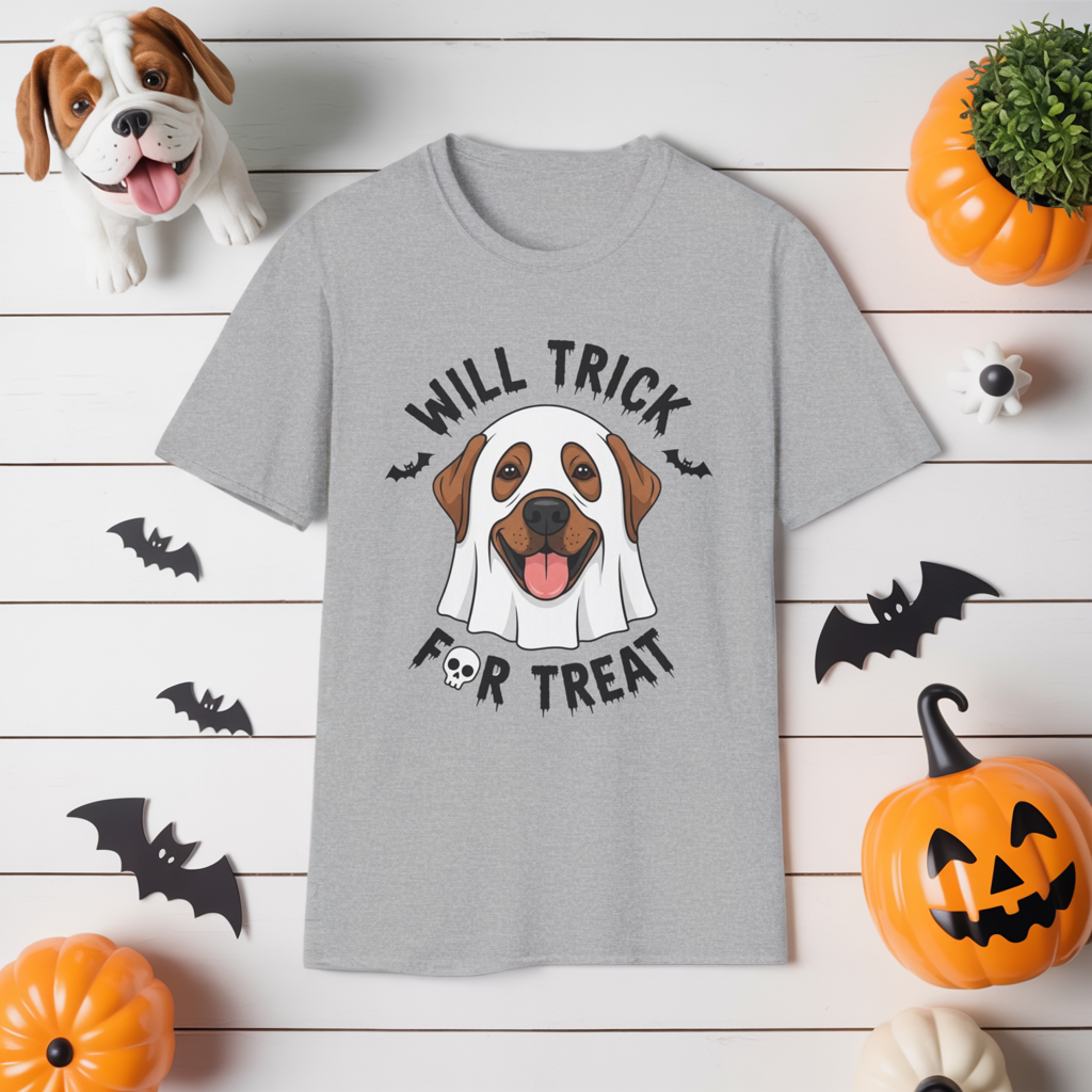 Will Trick for Treat Ghost Dog Halloween T-Shirt | Funny Spooky Dog Tee | Trick or Treat Pup Graphic Tee | Cute Fall Gift for Dog Lovers