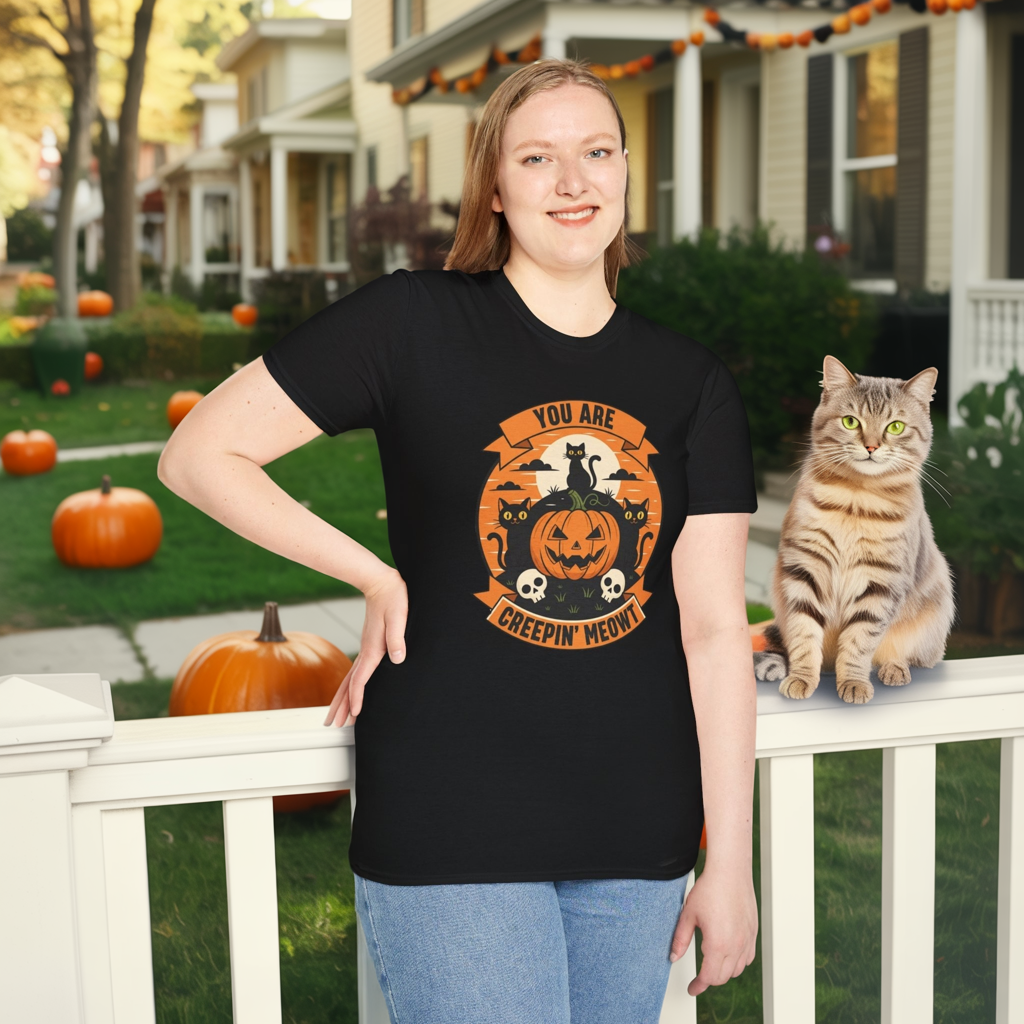 You Are Creepin' Meowt Halloween Cat T-Shirt | Funny Spooky Cat Tee | Black Cat Pumpkin Shirt | Cute Halloween Gift for Cat Lovers